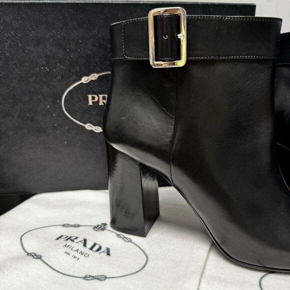 NEW Prada Black Leather Round Toe Platform Block Heel Ankle Boots Size 38 / US 8 - Picture 3 of 11